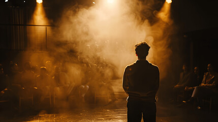 Close-up of actor delivering monologue on stage with spotlight
