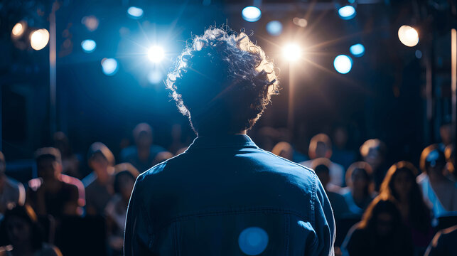 Close-up of actor delivering monologue on stage with spotlight