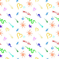 Fun Doodle sketch style of colorful shapes and lines on white background. colorful figure heart, star, sun and waves doodle seamless pattern.