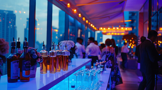 Elegant VIP cocktail party with rooftop view