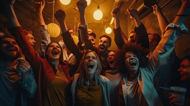 Excited team celebrating after escaping themed room