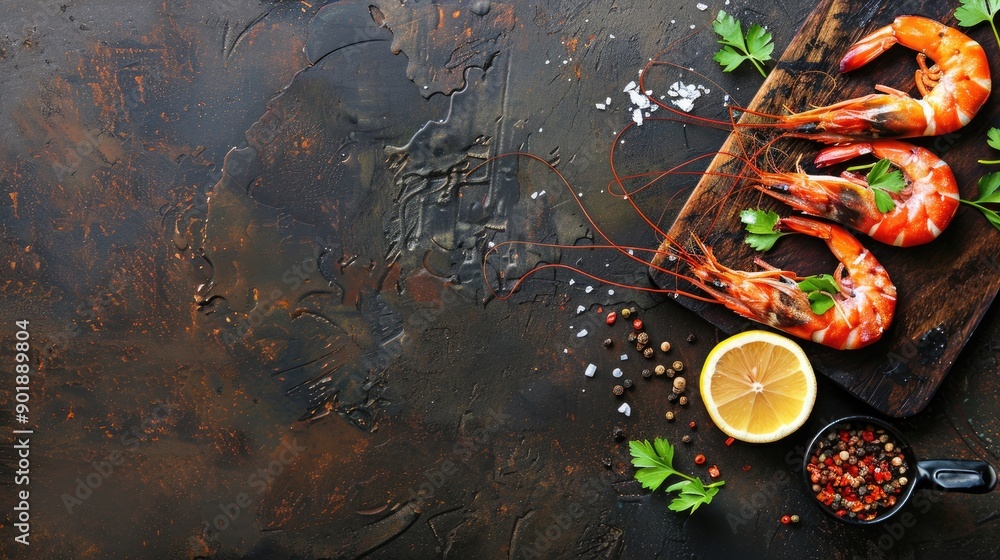 Poster shrimp and prawn on table for meal top view with copy space rustic seafood image