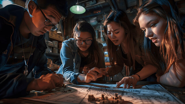 Group working on complex puzzle in escape room