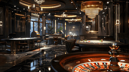 Luxurious casino interior with roulette table and chandelier