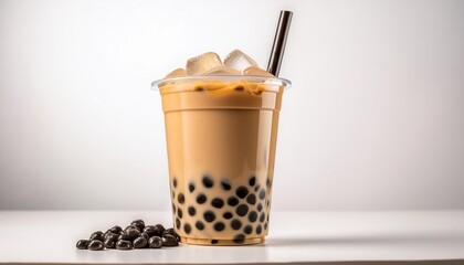 Realistic boba tea with ice with white background, ai generated