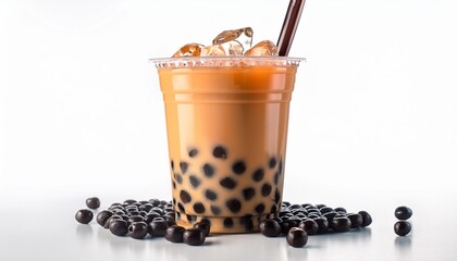 Realistic boba tea with ice with white background, ai generated