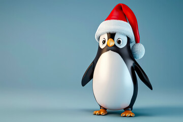 Obraz premium A penguin wearing a red hat and a white Christmas hat.