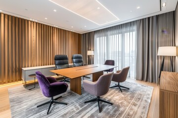 Fototapeta premium Modern office with wooden accents sleek furniture and large windows creating a professional and stylish workspace