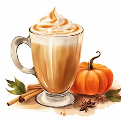 Pumpkin Spice Latte Watercolor Isolated on White Background, Autumn Flavors, Pumpkin Spice Hot Chocolate