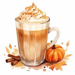 Pumpkin Spice Latte Watercolor Isolated on White Background, Autumn Flavors, Pumpkin Spice Hot Chocolate