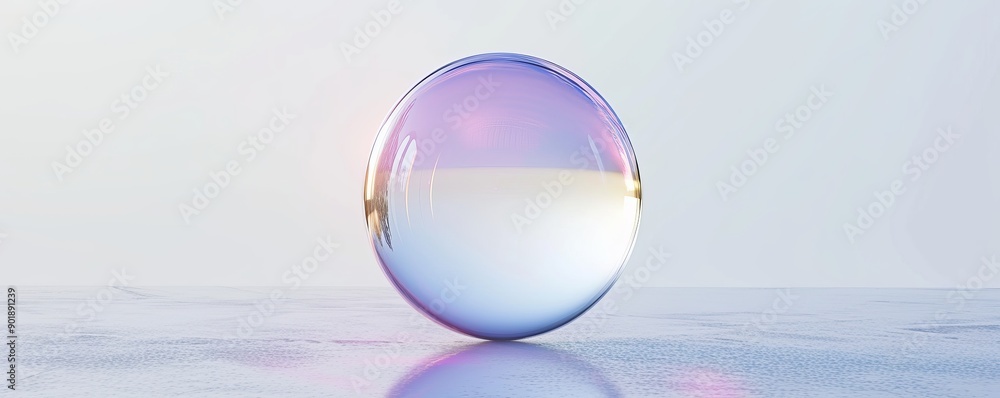 Poster glass sphere on reflective surface with pastel gradient colors. minimalist abstract concept