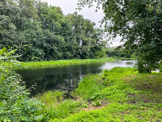 A picturesque river meanders gracefully, embraced by lush trees and vibrant grass, creating a...