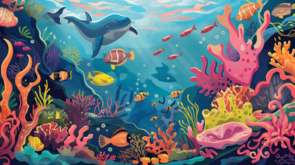 Naklejka premium A colorful underwater scene with a dolphin swimming in the background