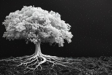 A tree with white leaves and roots is the main focus of the image