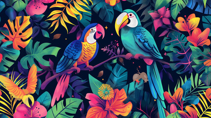 Obraz premium Two colorful parrots are perched on a branch in a lush tropical forest