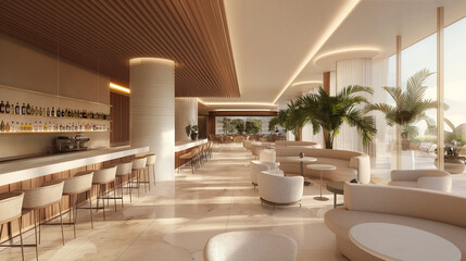 A large hotel lobby with a lot of seating and a bar