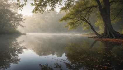 Fototapeta premium Tranquil morning reflections on a misty river surrounded by lush greenery