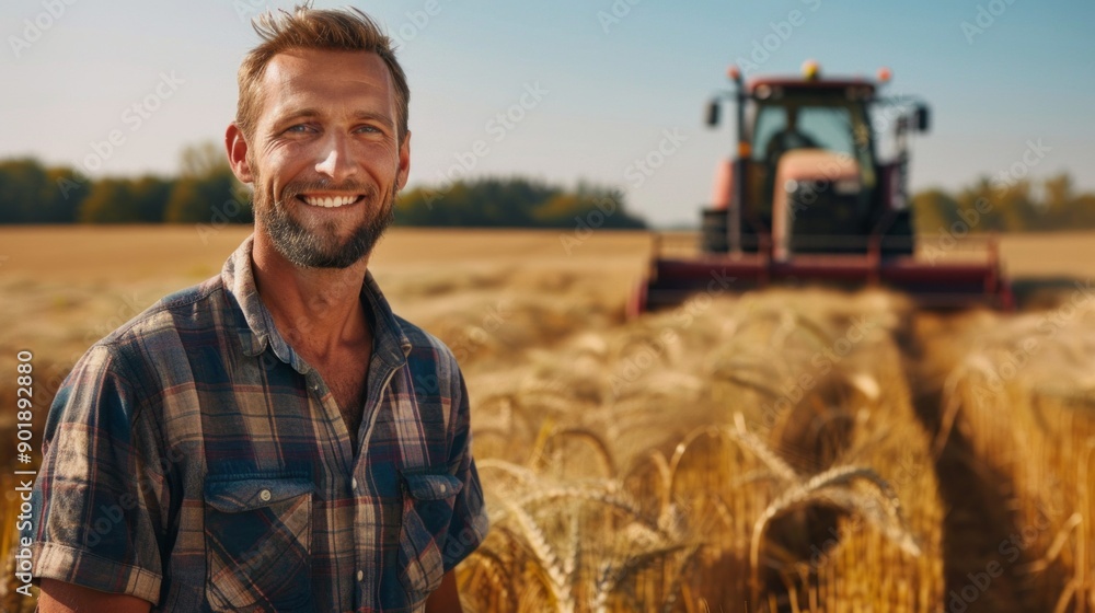 Poster a man is smiling in front of a tractor