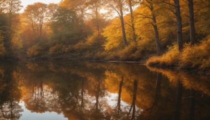 Golden autumn reflections along a serene riverbank at dusk