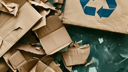 Recycling-themed image with a pile of assorted paper and cardboard, all marked with the universal recycling symbol, set against a neutral background