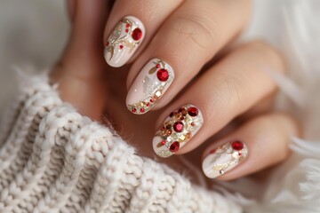 perfect almond shaped manicure ether nails are bedazzled with red garnate crystals and gold for Christmas holidays