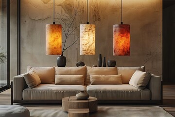 A living room with a couch, coffee table, and three light fixtures