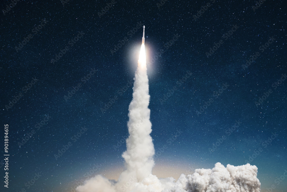 Aufkleber spaceship takes off into the starry sky. rocket starts into space. concept. launch successful. takin