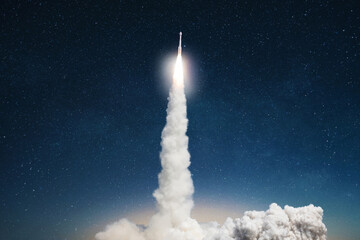 Spaceship takes off into the starry sky. Rocket starts into space. Concept. Launch successful. Taking off to the mars