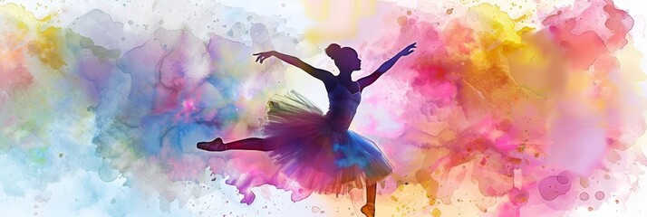 A ballerina gracefully leaps through a vibrant watercolor splatter, representing artistry, movement, freedom, expression, and dreams.