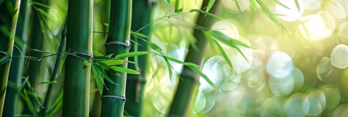 A serene image of bamboo stalks in a lush forest with a soft, sunlit background. The scene evokes calmness, peace, and tranquility, symbolizing growth, resilience, and natural beauty.