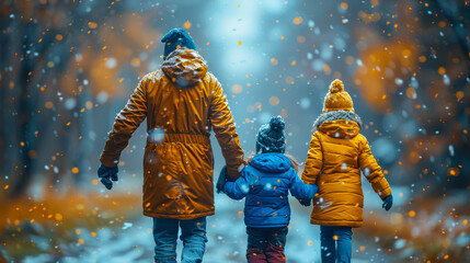 Fototapeta premium Family Bonding in Winter Snowfall: Parents and Child Walking Hand-in-Hand Outdoors on a Picturesque Snowy Day