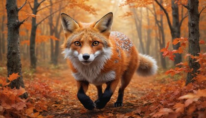Fototapeta premium Majestic red fox wandering through vibrant autumn woods beneath a golden canopy