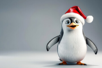 Fototapeta premium A penguin wearing a red hat and a white Christmas hat.