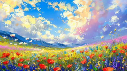 Vibrant Flower Field Under Majestic Clouds in Mountain Landscape, Daytime, Colorful Spring Nature Painting