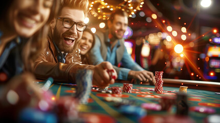 People playing the roulette, poker in a casino. Slot machine in casino. Spending bonus points on a gamble	