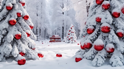 A snowy forest with two red trees and a red house