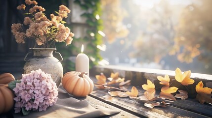 A collection of pumpkins and flowers in a metal jug rests on a rustic table amidst colorful autumn leaves and a blurred background of fall foliage