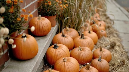 A collection of pumpkins and flowers in a metal jug rests on a rustic table amidst colorful autumn leaves and a blurred background of fall foliage