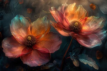 Two flowers with a blue background