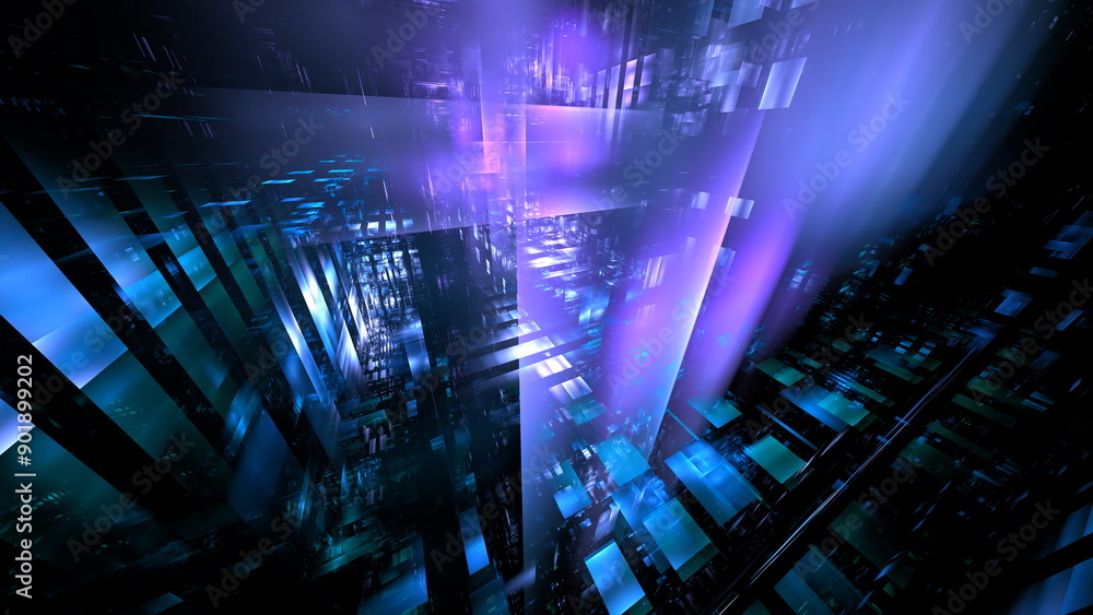 Fototapete Bright, multicolored light patterns intersect with geometric shapes, creating a captivating visual effect in a dark environment, emphasizing depth and movement. 3d render