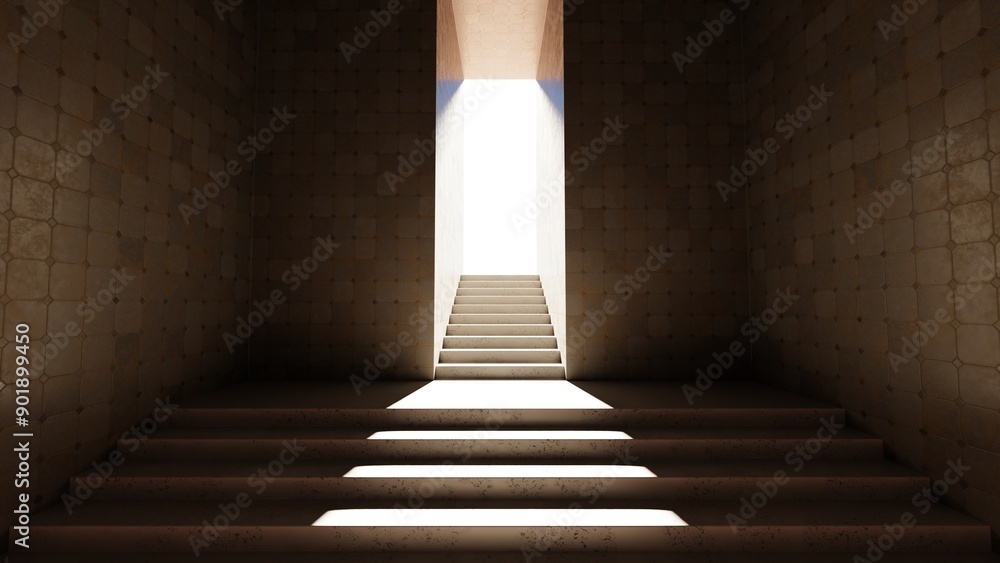Poster sunlight streams down a set of stairs, creating a striking contrast in a minimalist architectural se