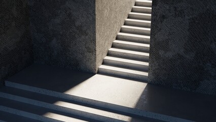 Bright staircase ascends toward an open doorway, creating a contrast of light and shadow in a minimalist architectural setting. 3d render