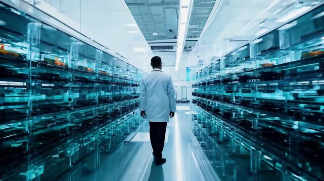 A scientist walks down a long corridor in a modern, sterile lab, surrounded by rows of glass cabinets filled with equipment, 4K AI footage