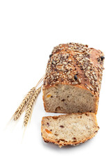 Sliced wholemeal rye bread with pearl barley isolated on white