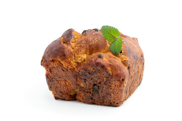 Fresh brioche cake with raisins isolated on white