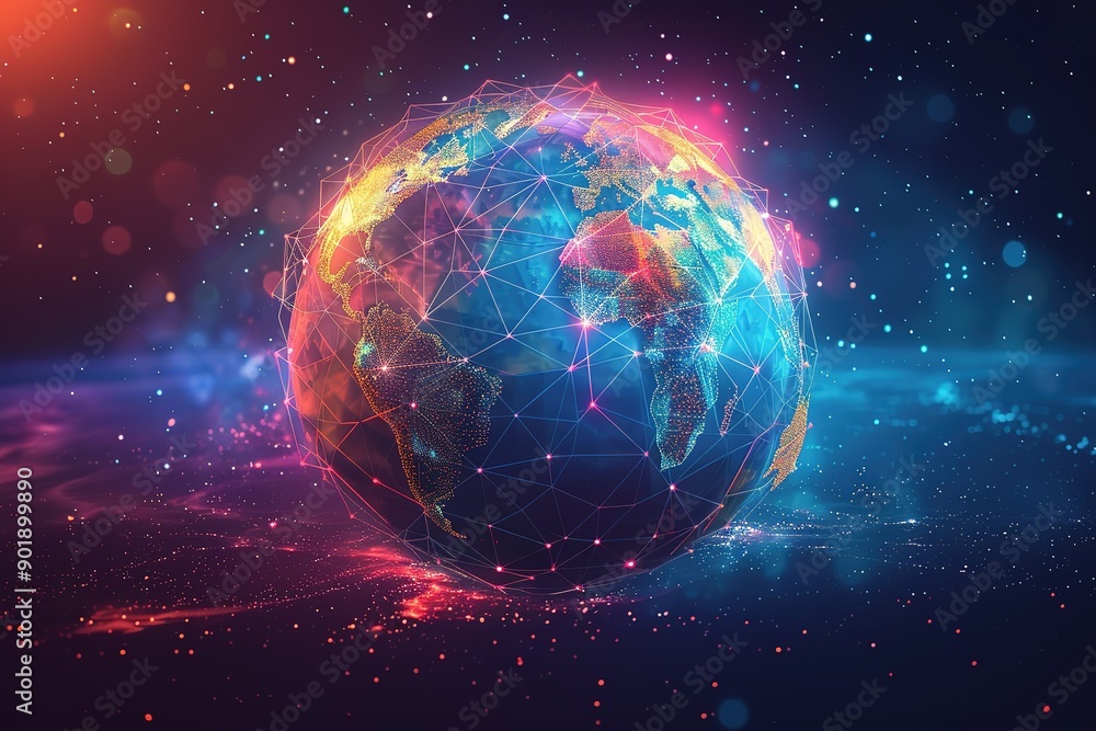 Poster a colorful globe with a network of lines connecting it to other globes