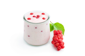 Homemade yogurt with Schisandra berry in glass jar isolated on white