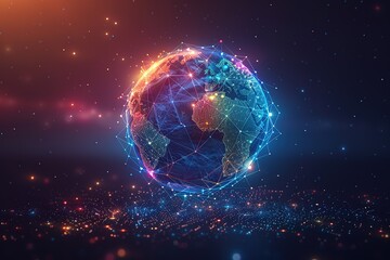 A glowing blue planet with a network of lines surrounding it