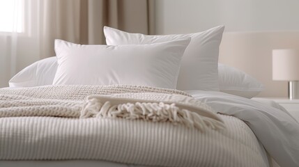 A close-up of a neatly made bed with crisp white linens, fluffy pillows, and a cozy throw blanket, with copy space, high-resolution photo, realistic photo