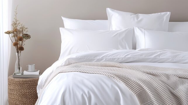 A close-up of a neatly made bed with crisp white linens, fluffy pillows, and a cozy throw blanket, with copy space, high-resolution photo, realistic photo